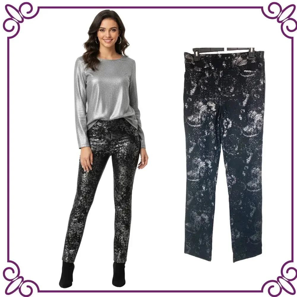 Chico's Brigitte Pull Up Flat Front Black Silver Slim Leg Pants Size US 6R - Picture 1 of 9